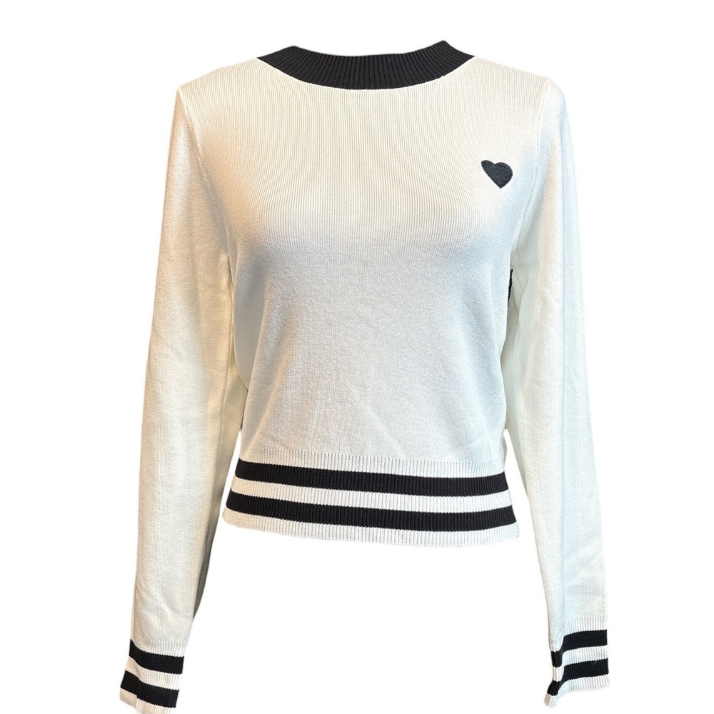 Lizette Collection Fitted Sweater, White & Black Striped Heart, XL, Runs Small